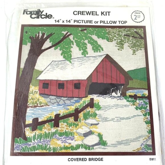Vtg Crewel Kit Red Covered Bridge Picture Pillow Top Family Circle D302 14x14 - Picture 2 of 6